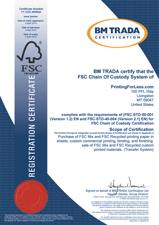 FSC Certificate for PrintingForLess