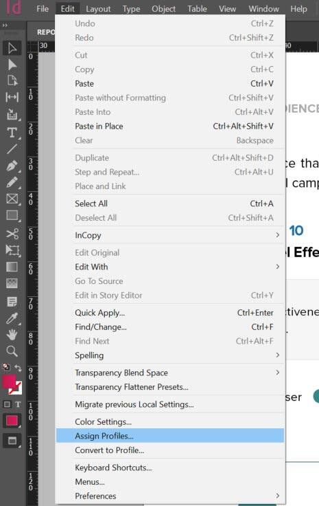 assign profile in InDesign