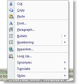 word right click dialog