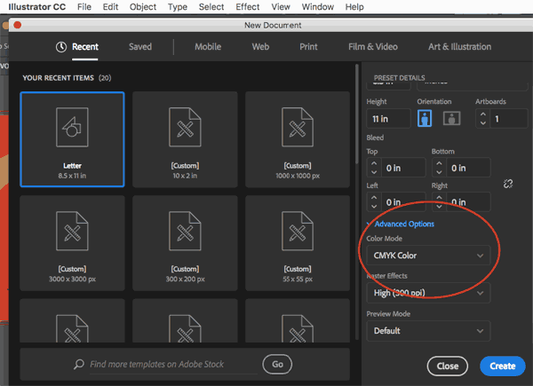 illustrator cmyk color options