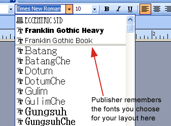 publisher fonts dropdown