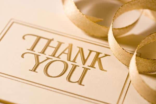 thank you note card with gold lettering