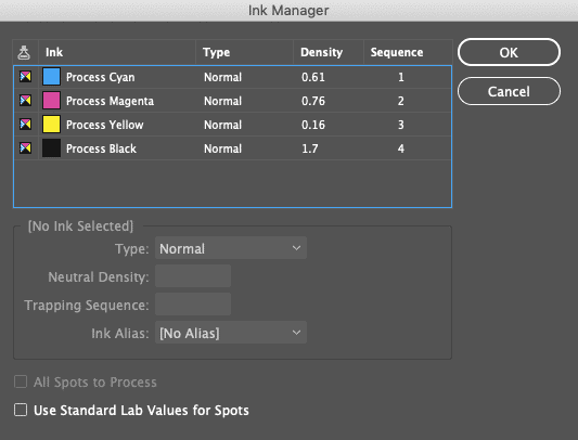 InDesign ink manager dialog